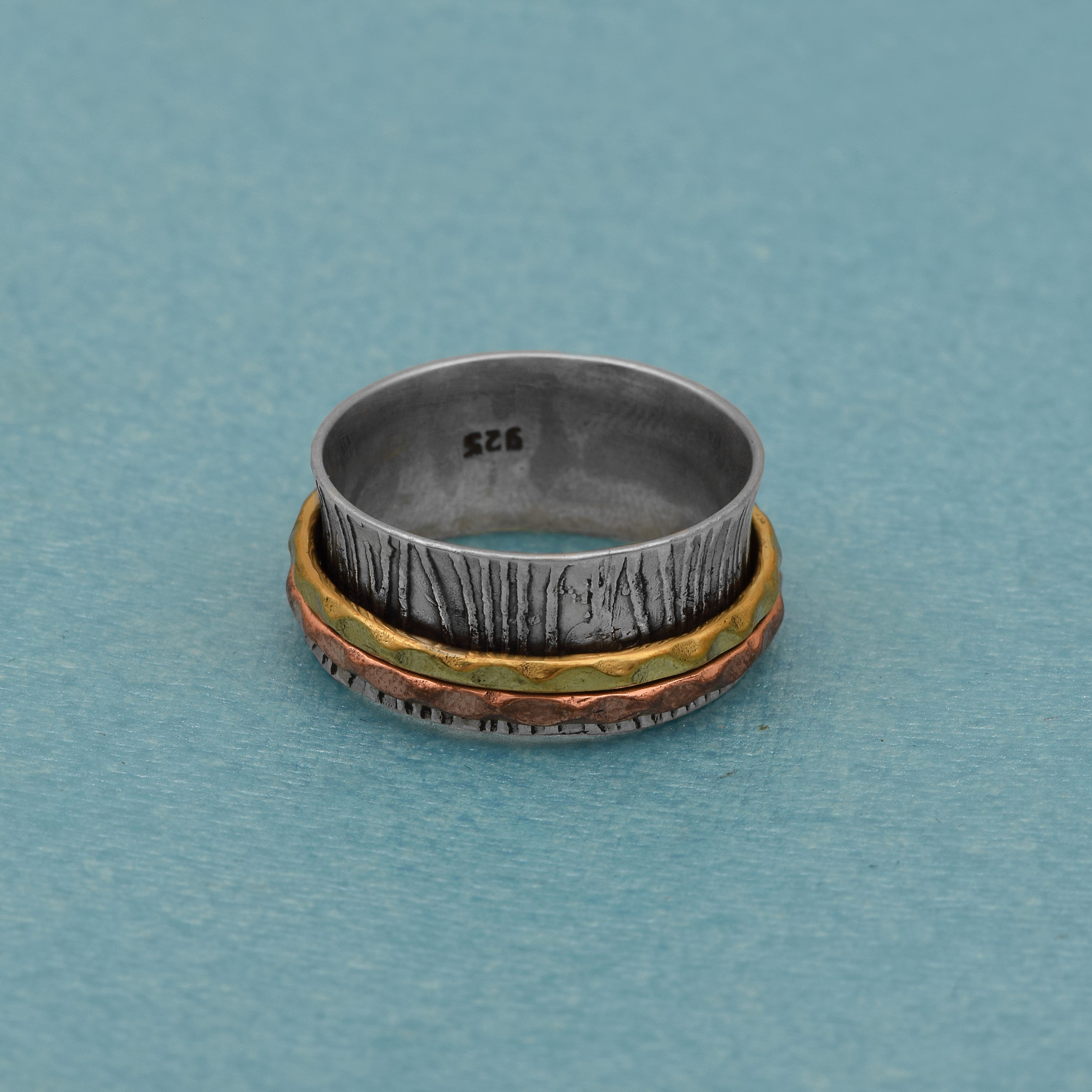 Dual Tone Grooved Spinner Ring - Sterling Silver