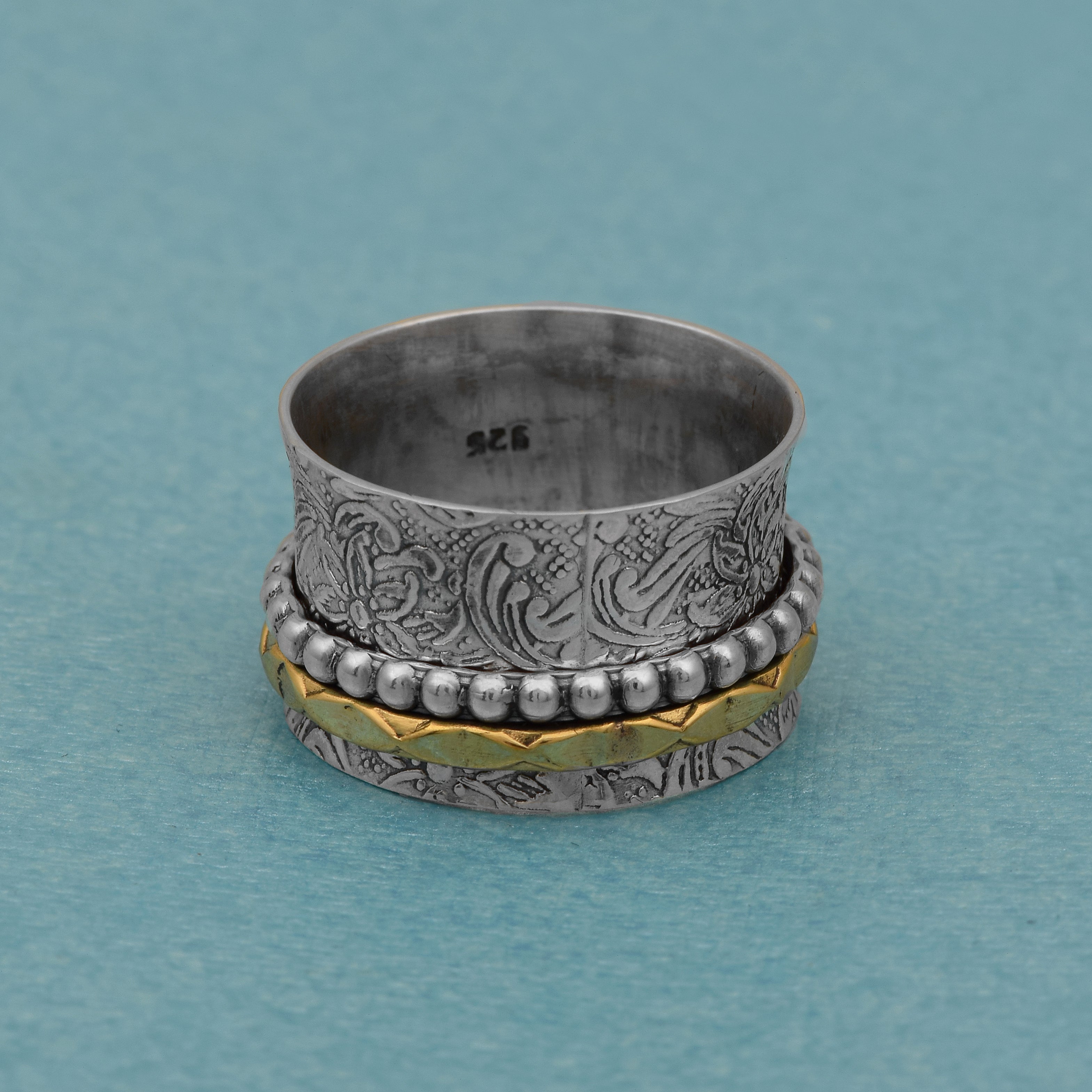 Floral Engraved Beaded Spinner Ring - Sterling Silver