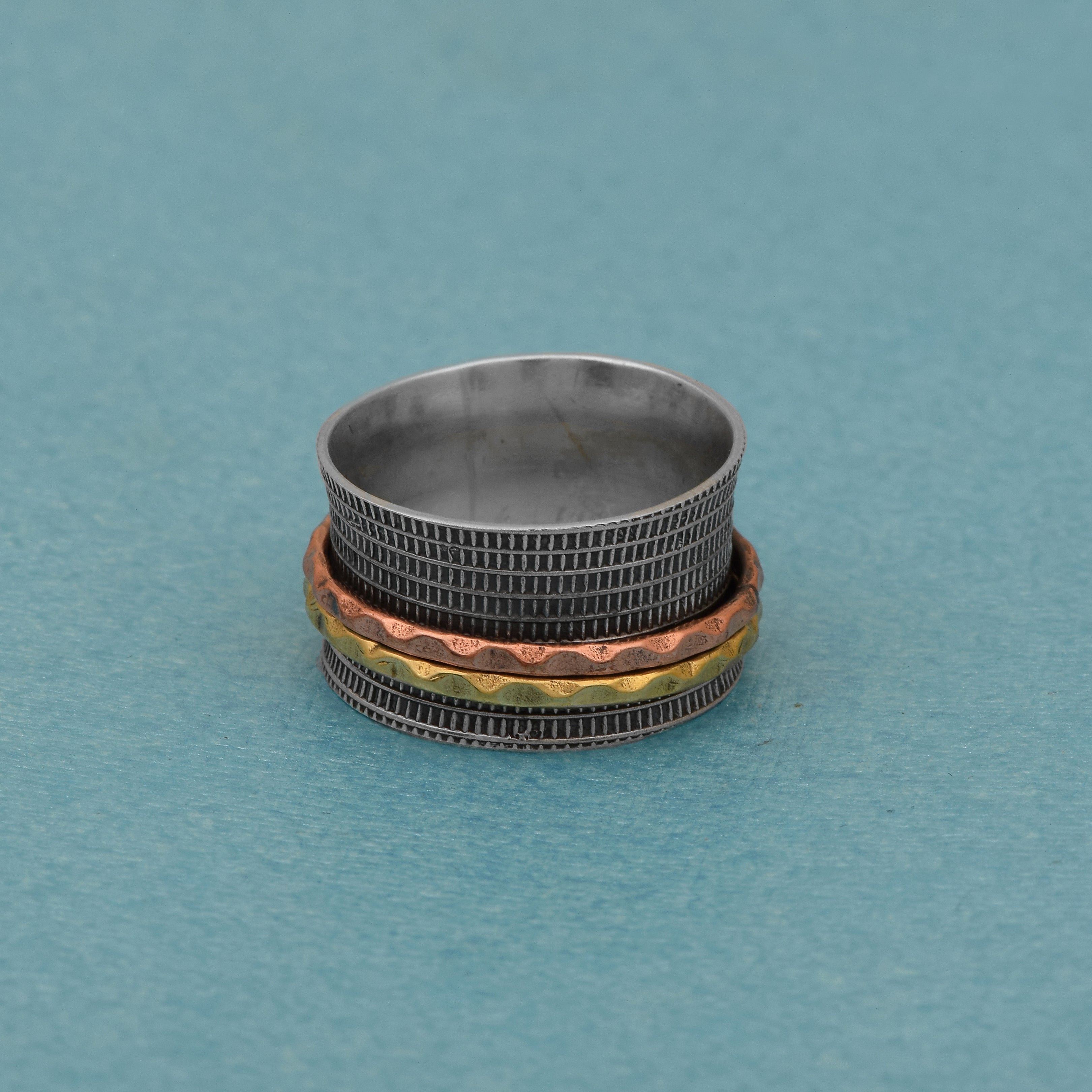 Linear Texture Band with Dual Tone Spinner Ring - Sterling Silver