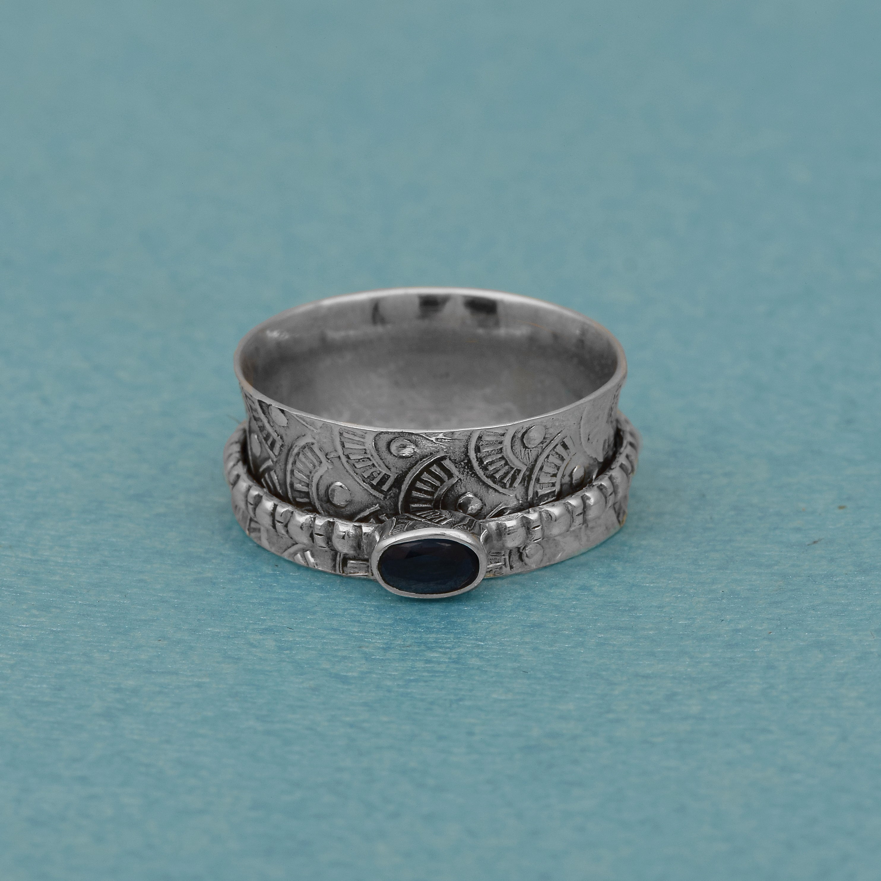 Blue CZ Beaded Spinner Ring - Sterling Silver