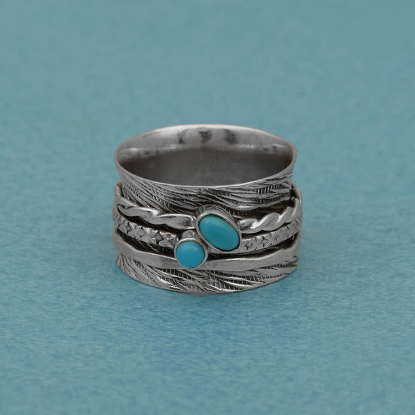 Turquoise Multi Banded Engraved Rope Band Turquoise Spinner Ring