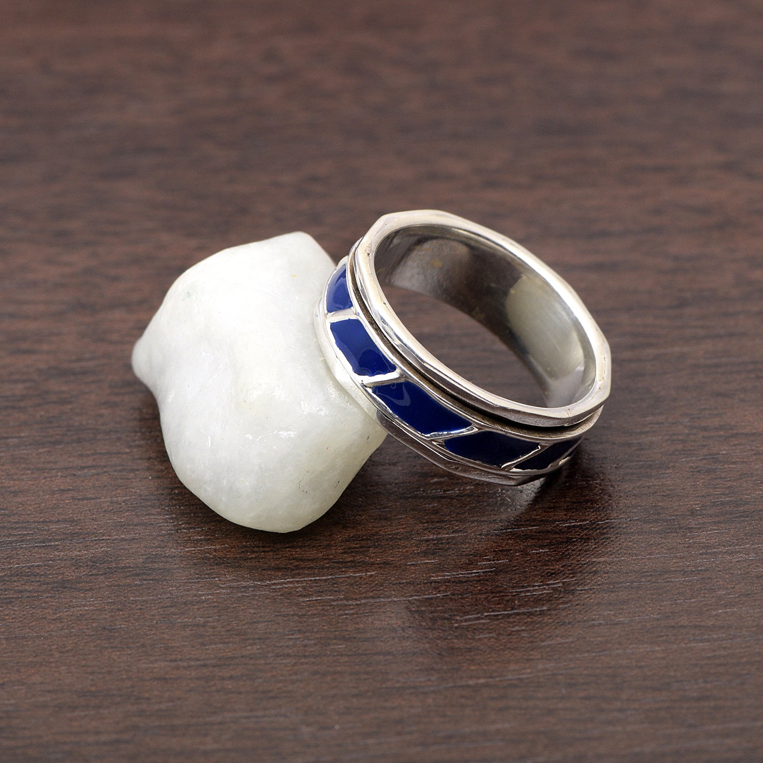 Navy Blue Enamel Inlay Spinner Ring - Sterling Silver