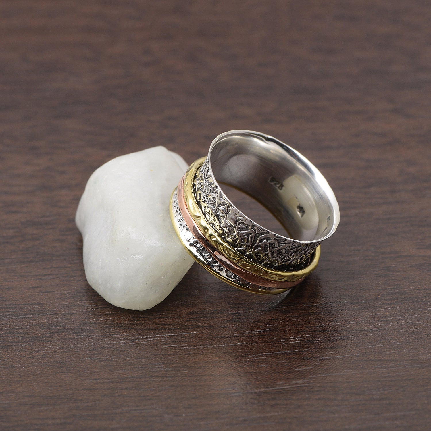 Dual Band Floral Texture Spinner Ring - Sterling Silver