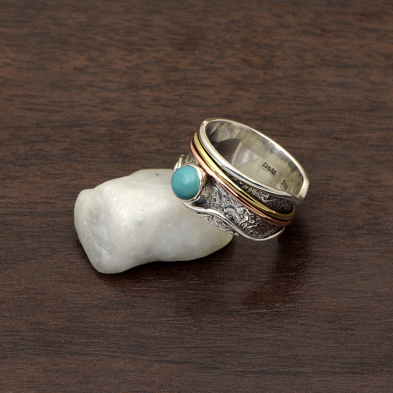 Larimar Wavy Edge & Triple Band Spinner Ring - Sterling Silver