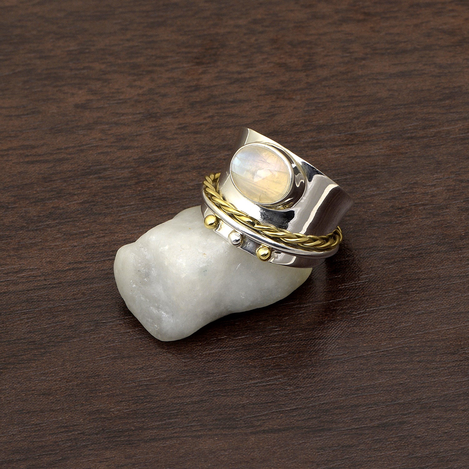 Moonstone Braided & Bead Spinner Ring - Sterling Silver