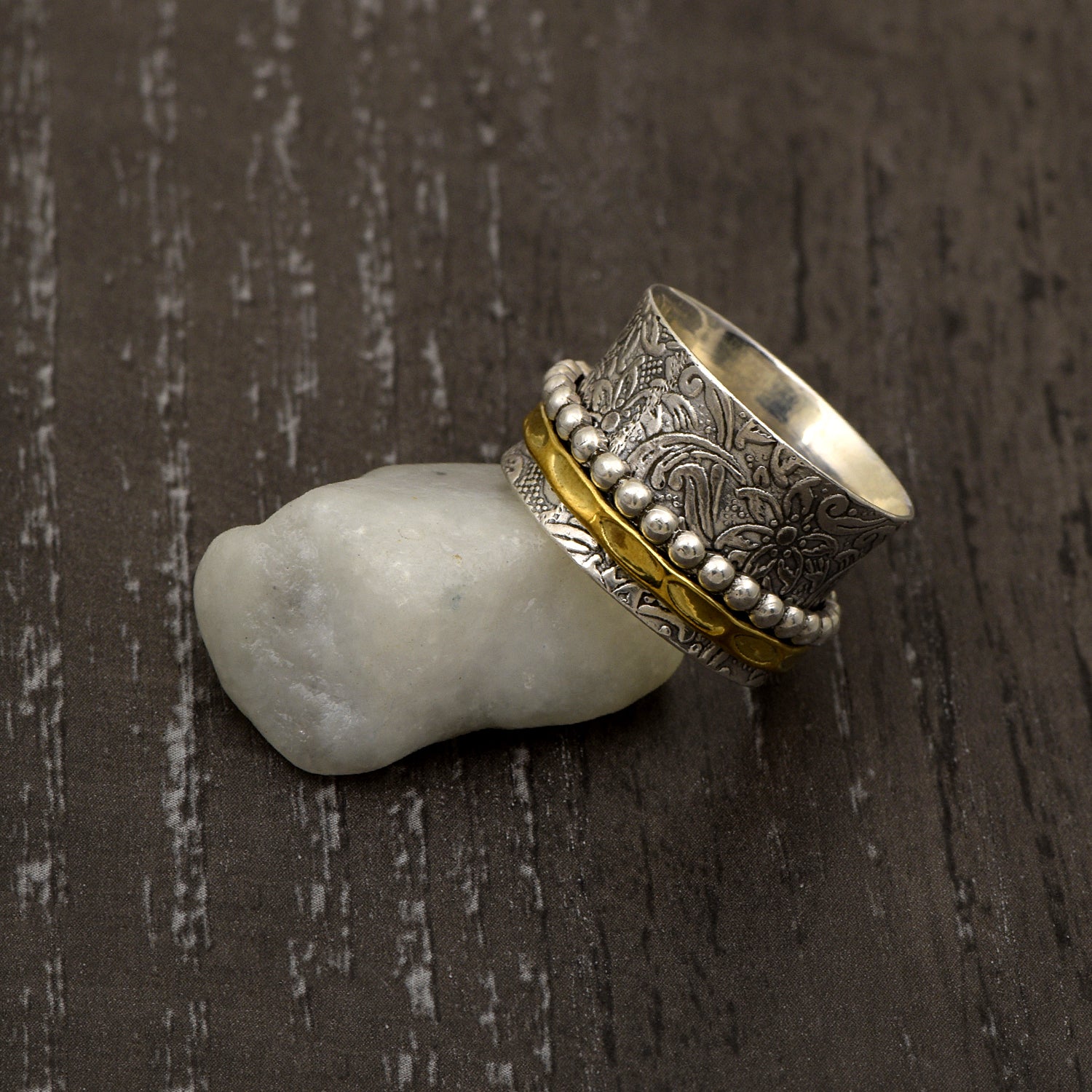 Dual Floral Engraved Spinner Ring - Sterling Silver