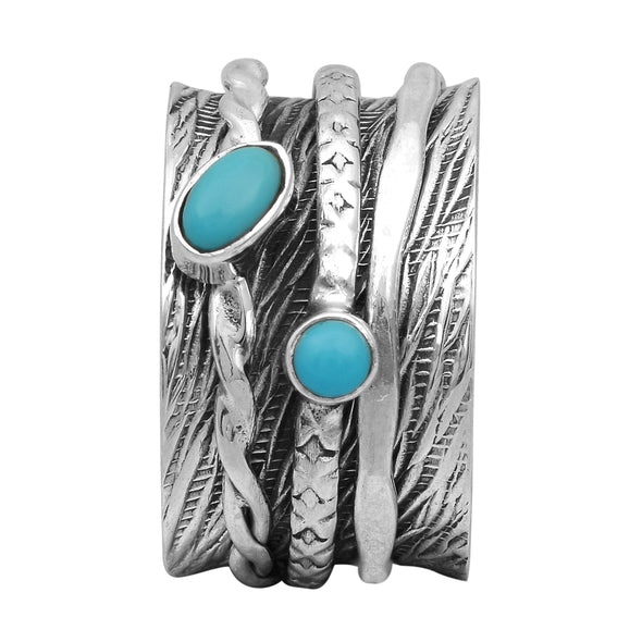 Turquoise Multi Banded Engraved Rope Band Turquoise Spinner Ring