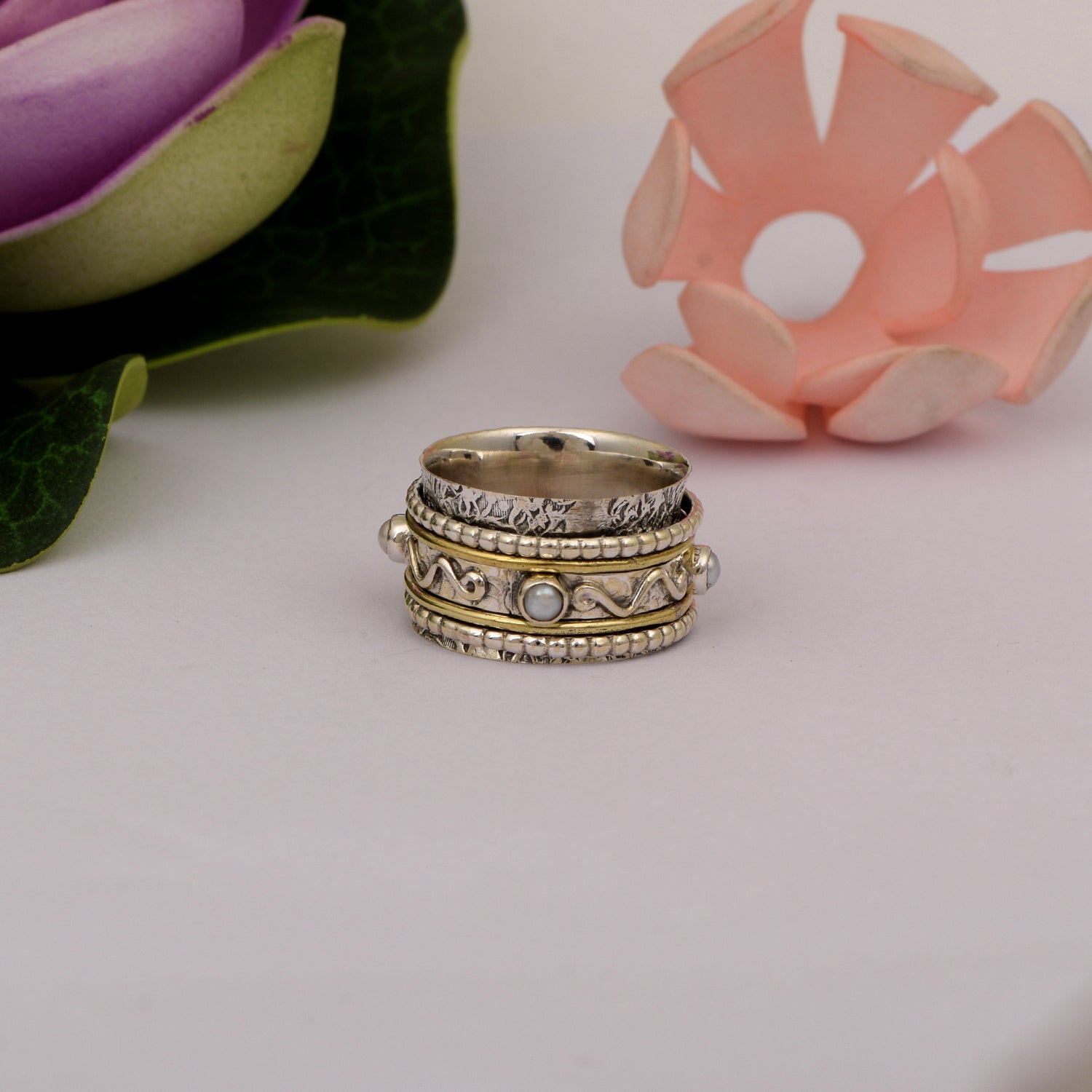 Moonstone Textured Tribal Design Spinner Ring - Sterling Silver