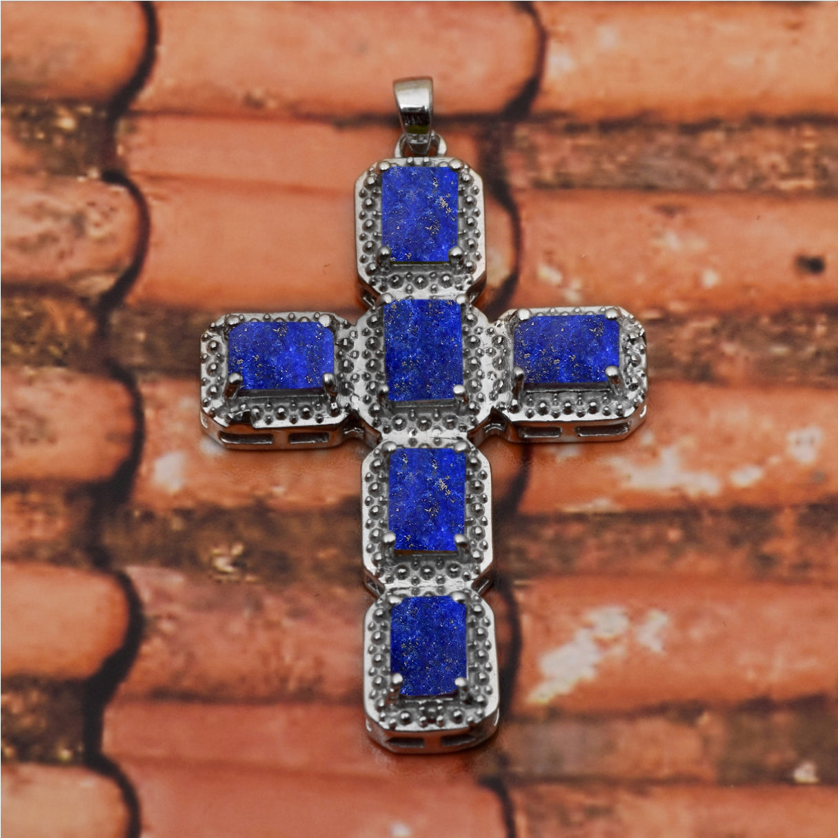 Multi Stone Rectangular Cross Pendant -Sterling Silver