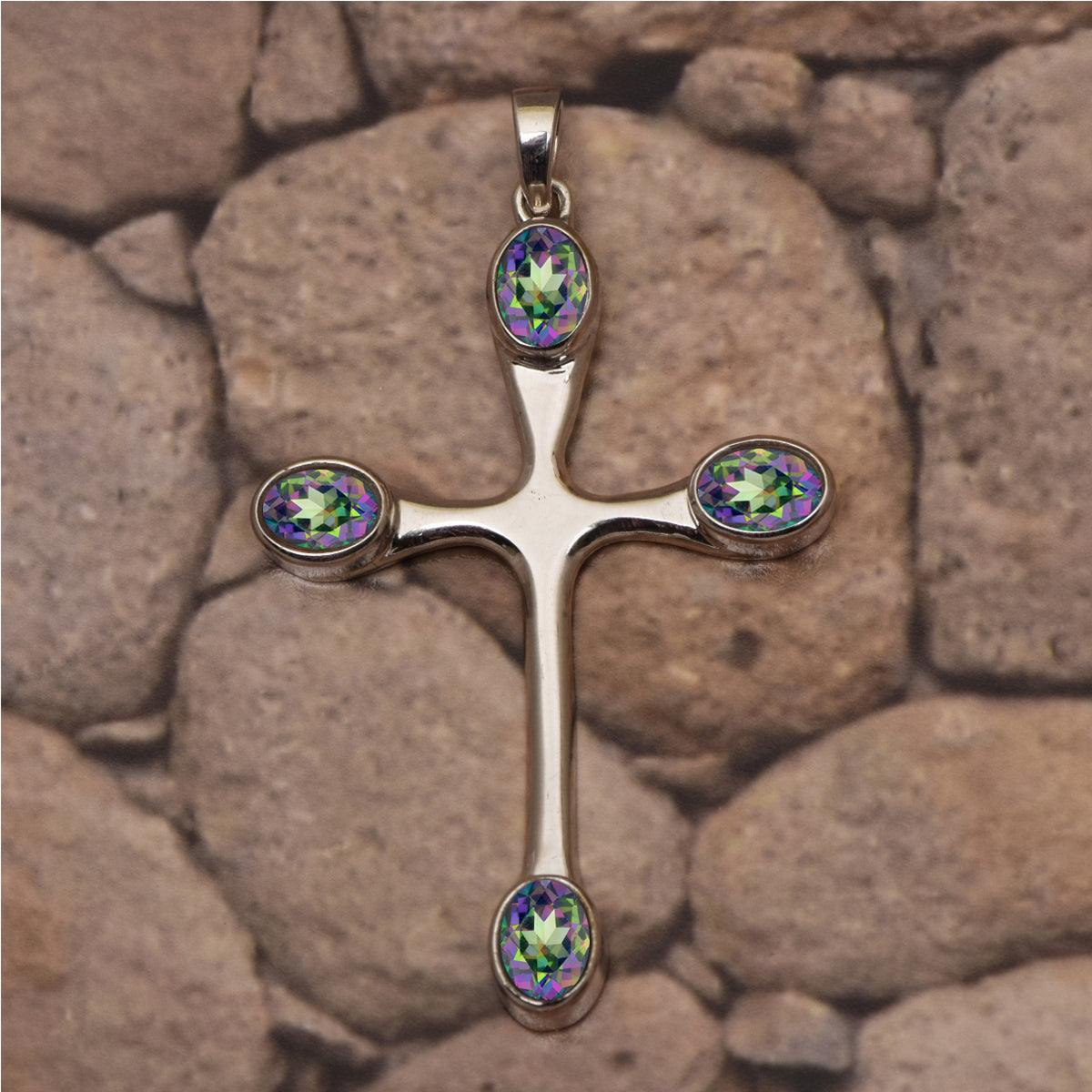 Multi Stone Christian Cross Pendant -Sterling Silver