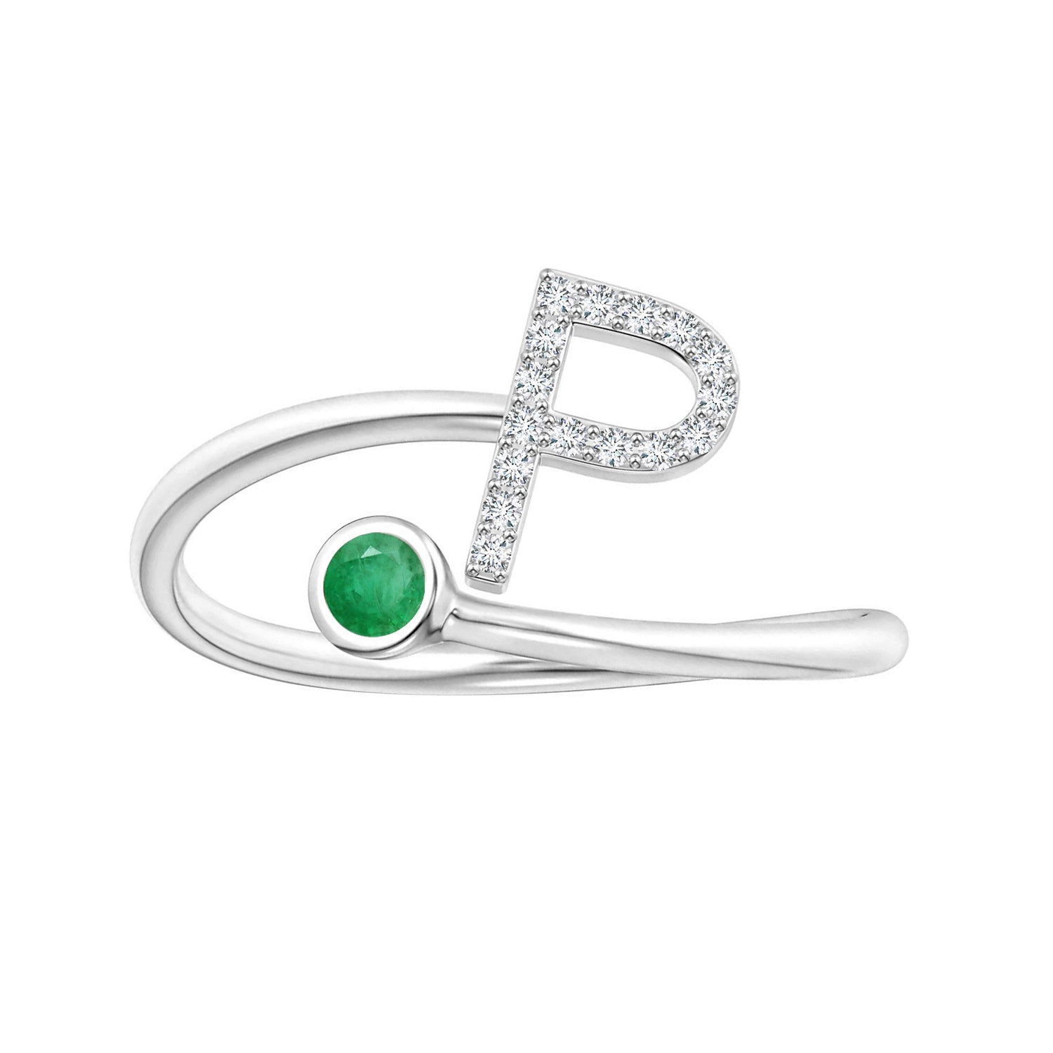 Emerald Initials Alphabet Ring - Sterling Silver