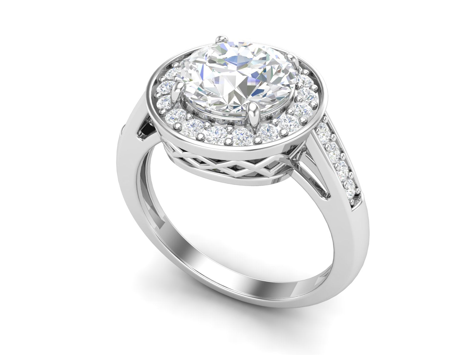 White CZ Solitaire Halo with Lattice Gallery Ring - Sterling Silver
