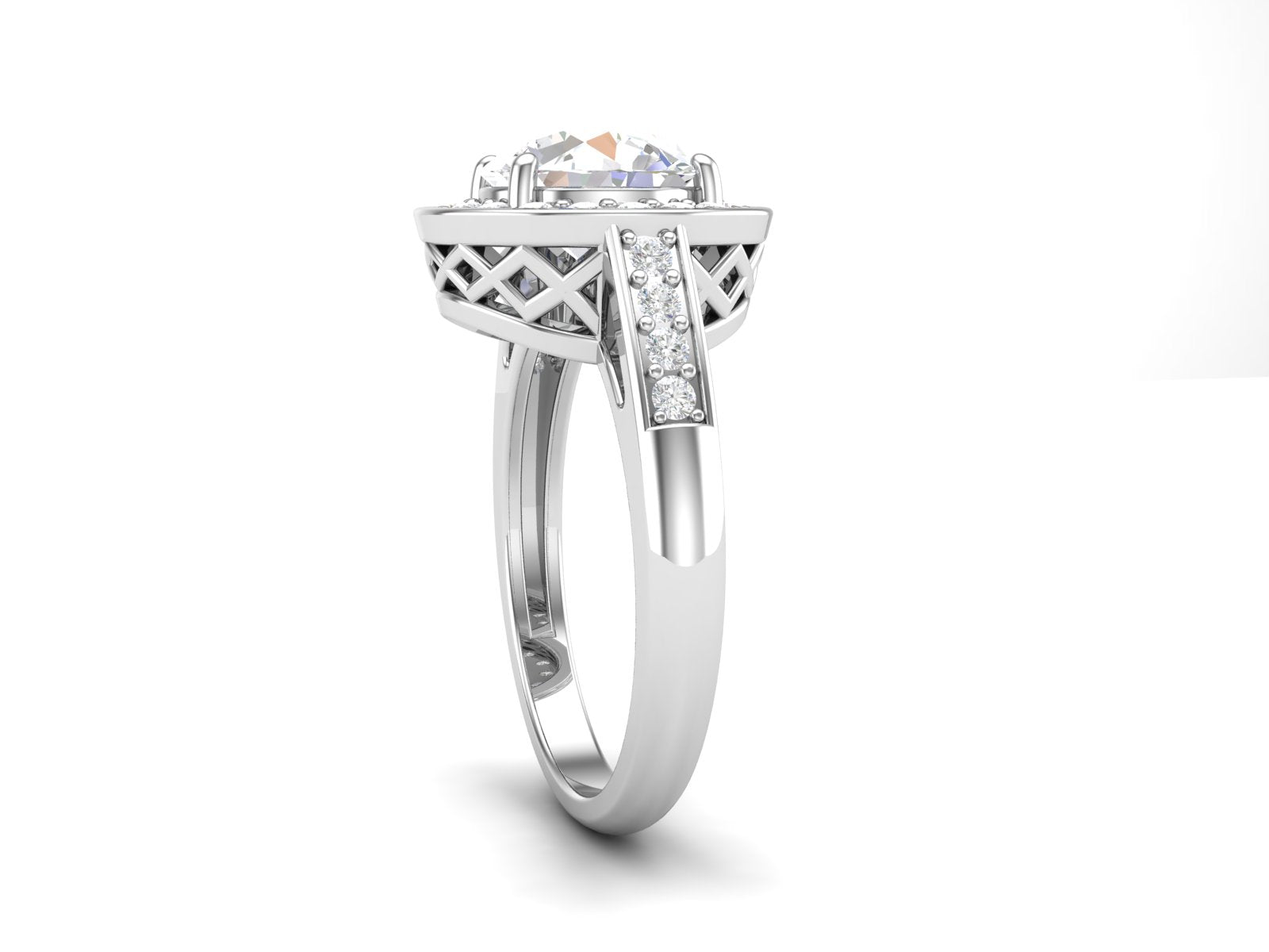 White CZ Solitaire Halo with Lattice Gallery Ring - Sterling Silver