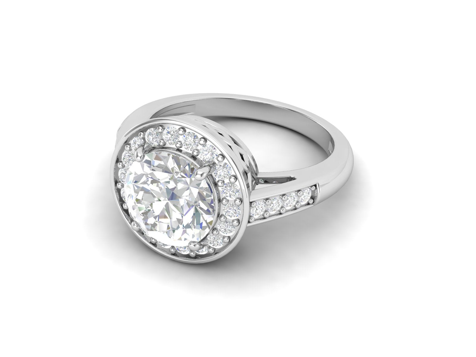 White CZ Solitaire Halo with Lattice Gallery Ring - Sterling Silver