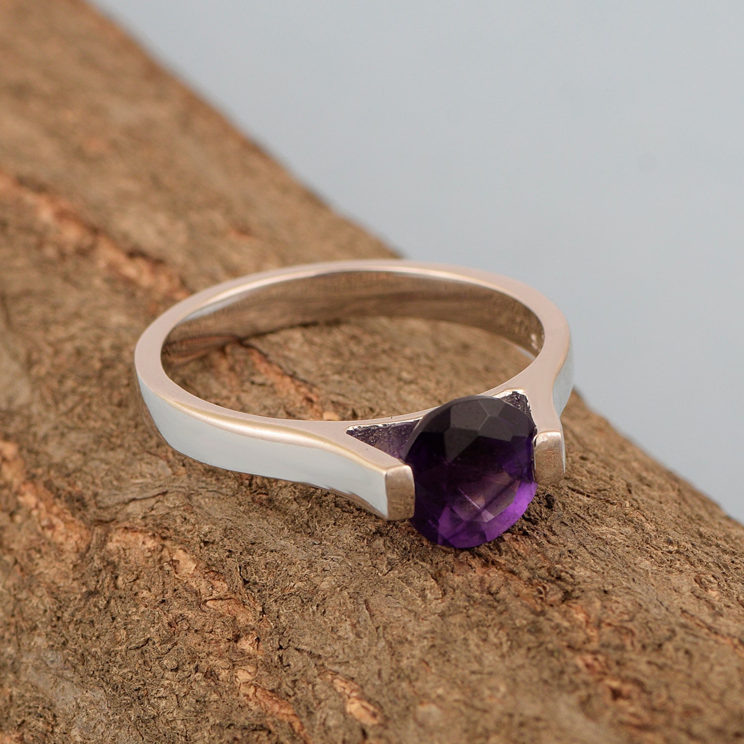 Amethyst Round Solitaire Ring -Sterling Silver