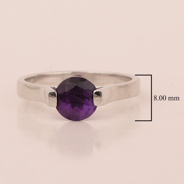 Solitaire 7mm Round Purple Amethyst Gemstone Open Prong Ring