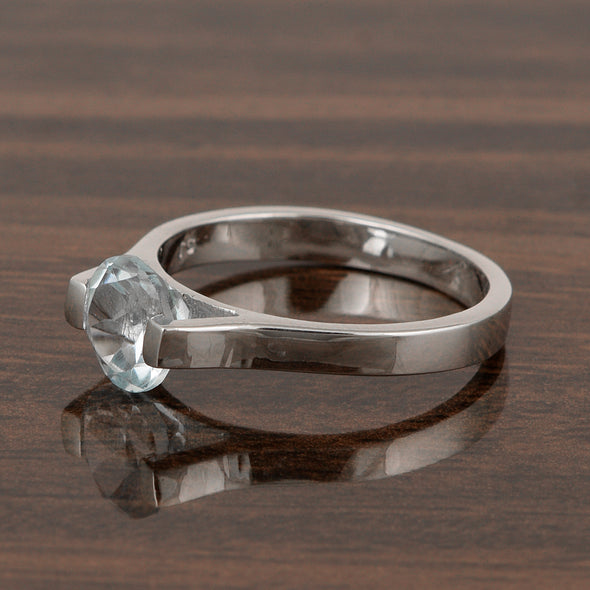 Solitaire 7mm Round Aquamarine Gemstone Open Prong Ring