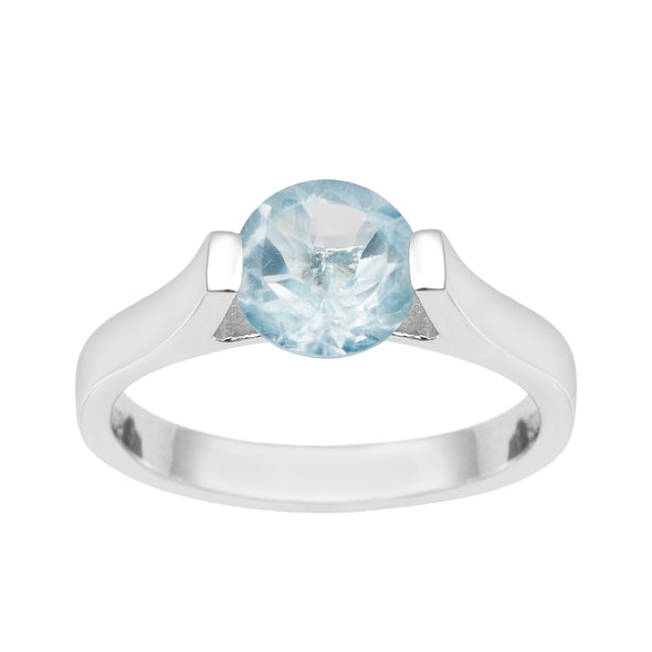 Solitaire 7mm Round Blue Topaz Gemstone Open Prong Ring