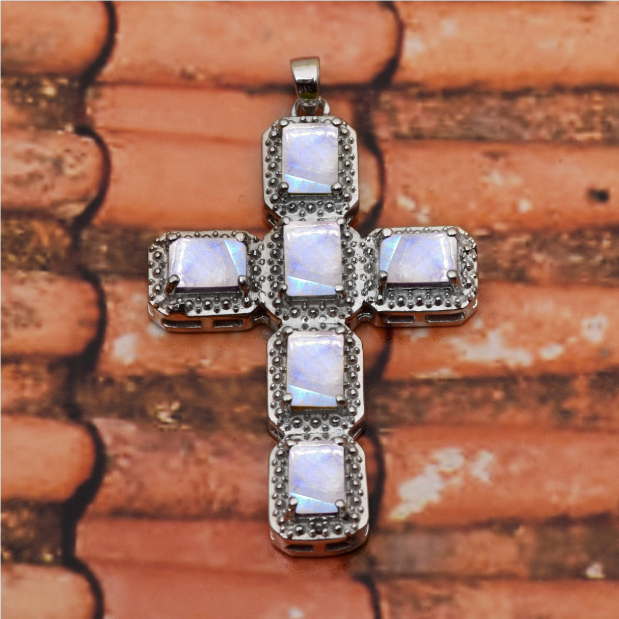 Multi Stone Rectangular Cross Pendant -Sterling Silver