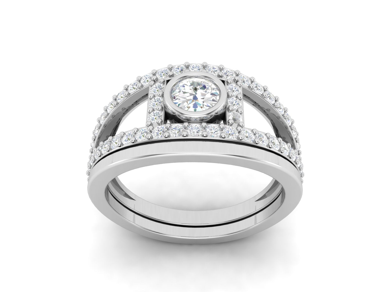White CZ Double Halo Split Shank Ring - Sterling Silver