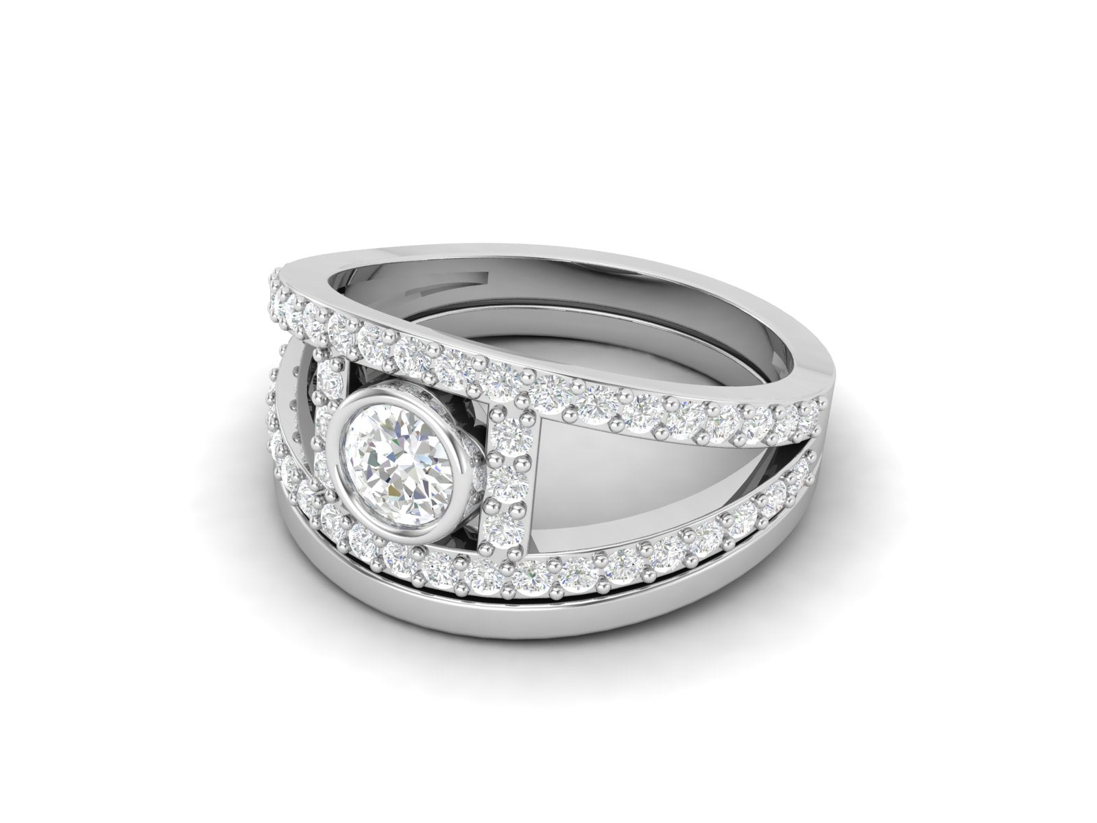 White CZ Double Halo Split Shank Ring - Sterling Silver