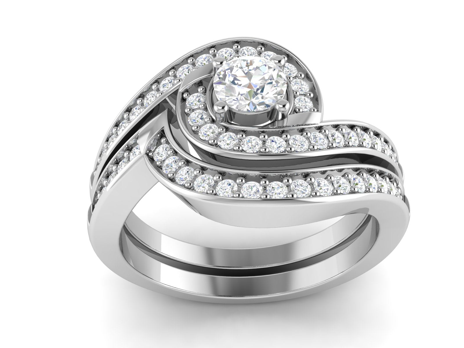 White CZ Curved Double Halo Design Ring - Sterling Silver