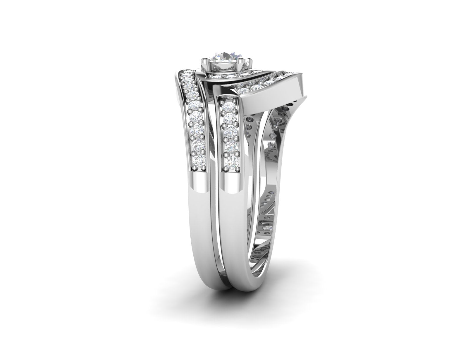 White CZ Curved Double Halo Design Ring - Sterling Silver