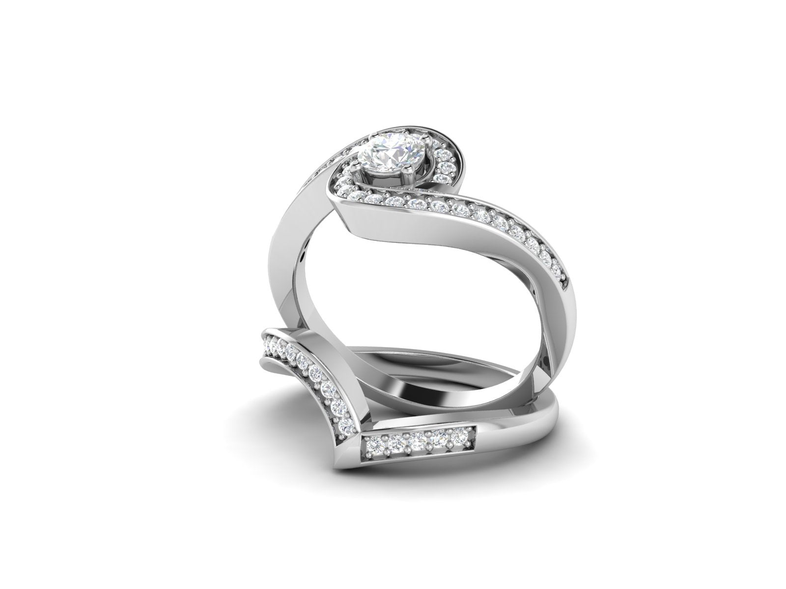 White CZ Curved Double Halo Design Ring - Sterling Silver