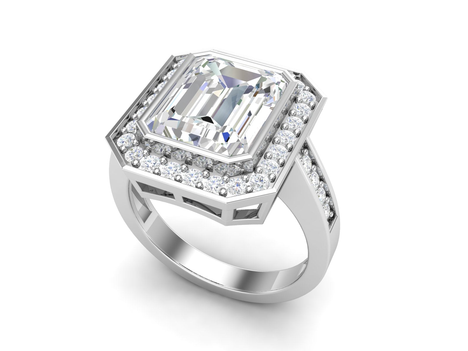 White CZ Emerald Cut Halo Ring - Sterling Silver