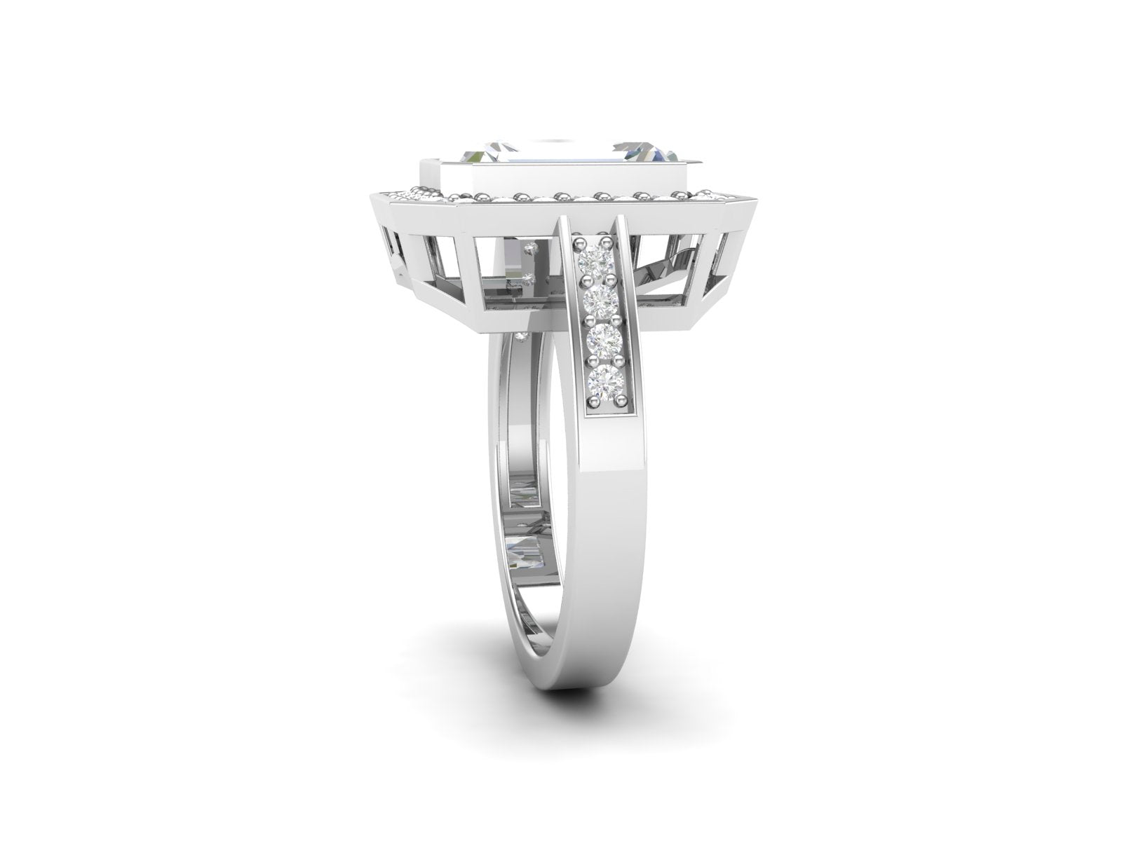 White CZ Emerald Cut Halo Ring - Sterling Silver