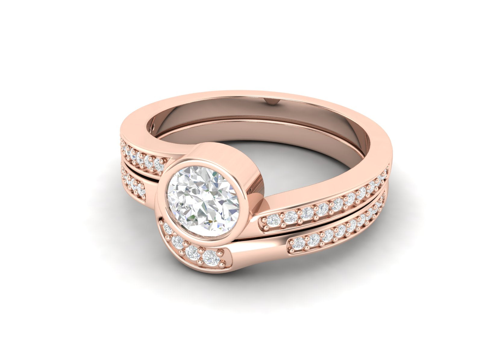 White CZ Bezel Set Curved Split Band Ring - Sterling Silver