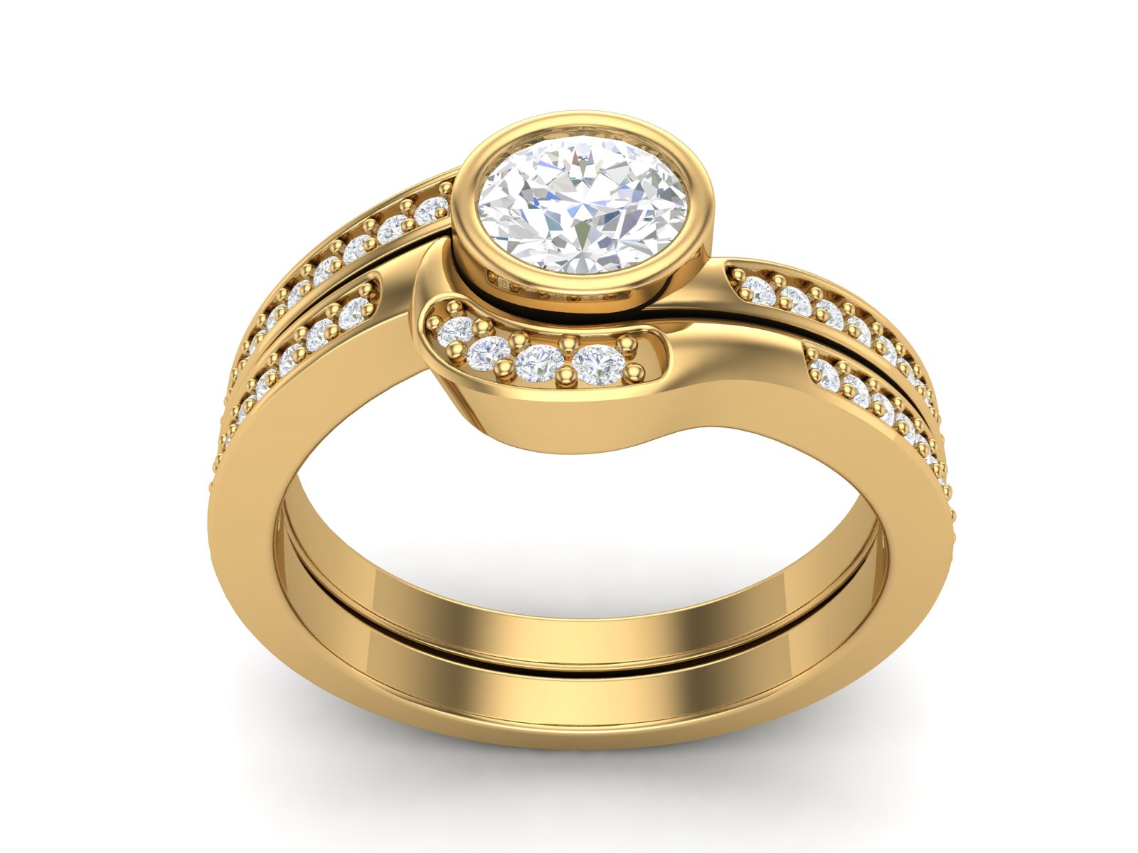 White CZ Bezel Set Curved Split Band Ring - Sterling Silver