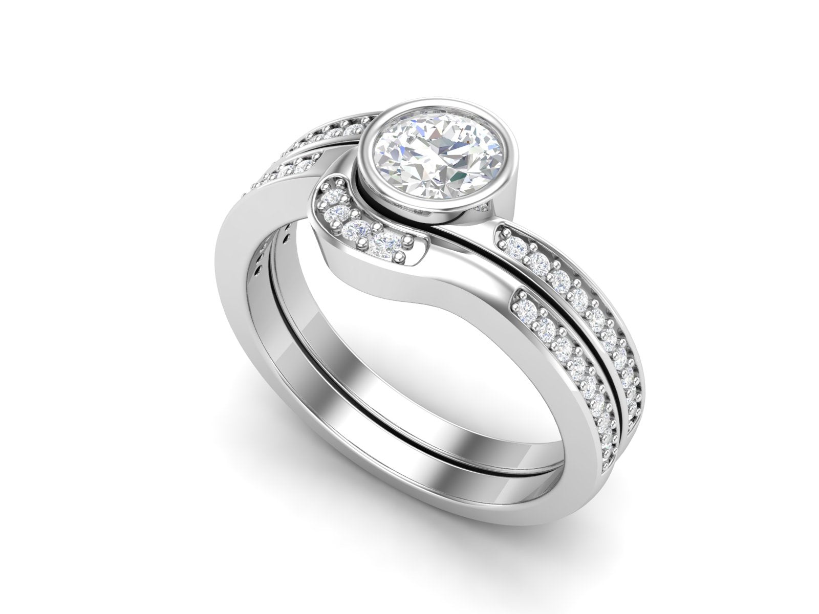 White CZ Bezel Set Curved Split Band Ring - Sterling Silver