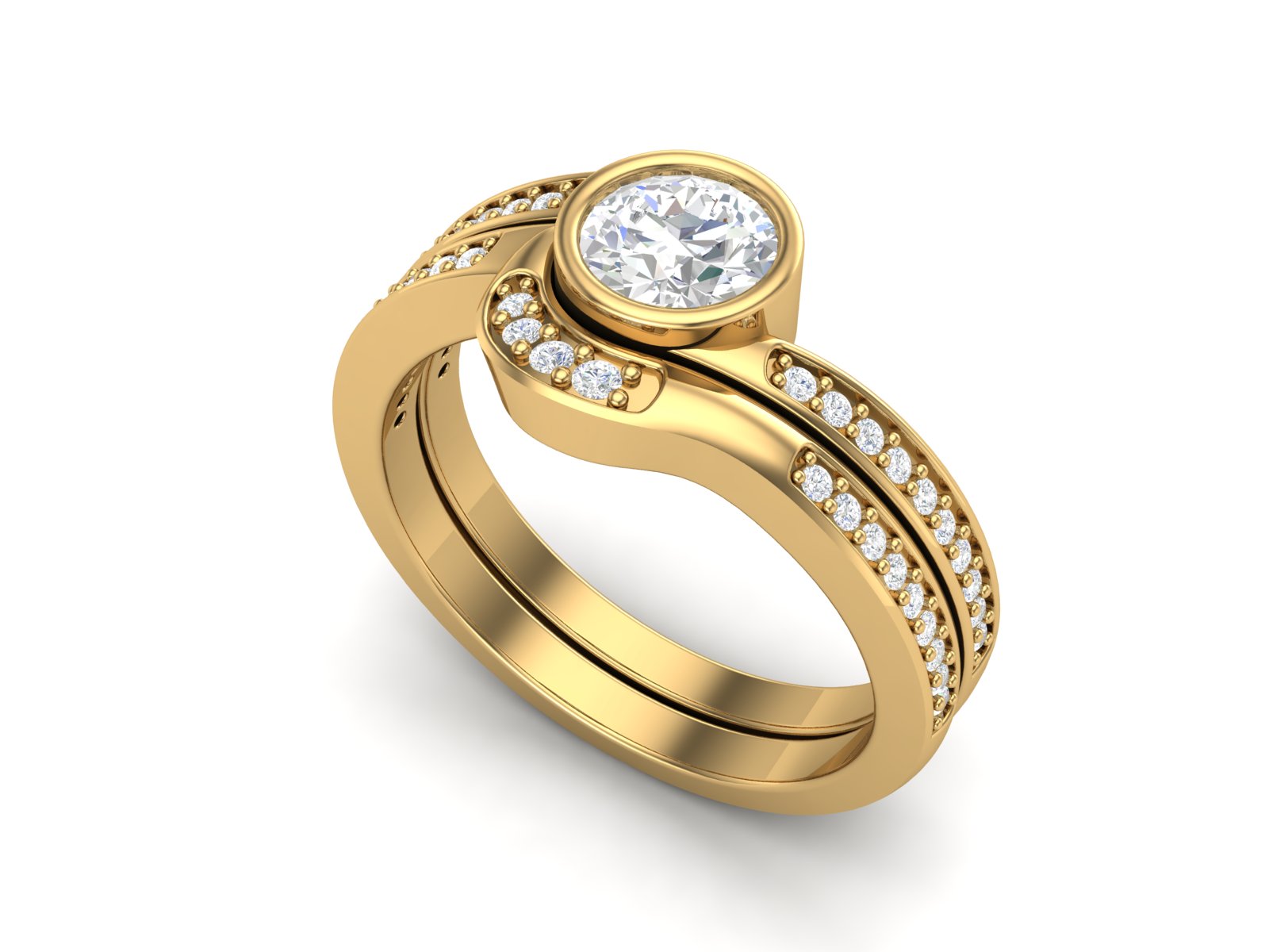 White CZ Bezel Set Curved Split Band Ring - Sterling Silver