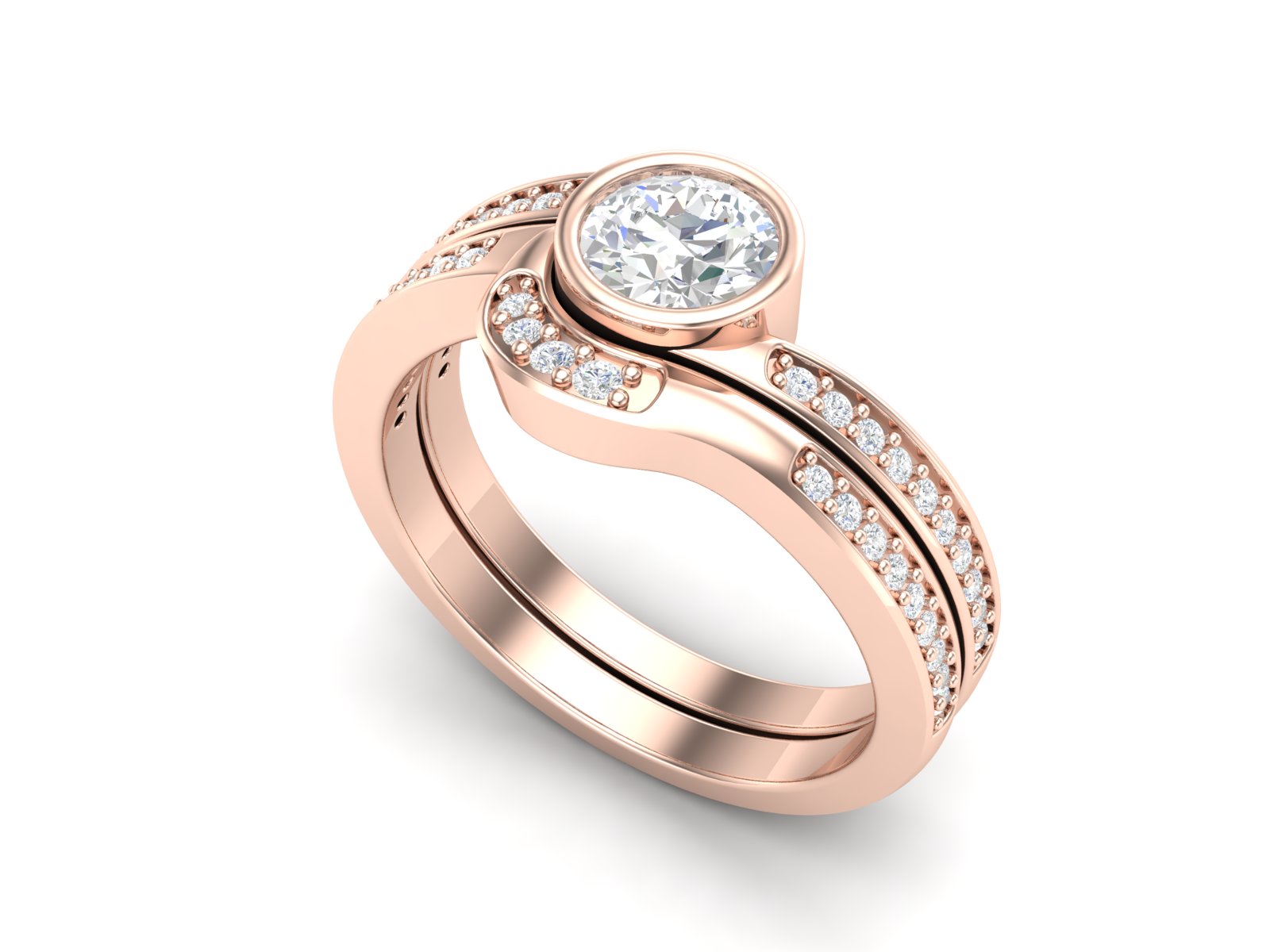 White CZ Bezel Set Curved Split Band Ring - Sterling Silver