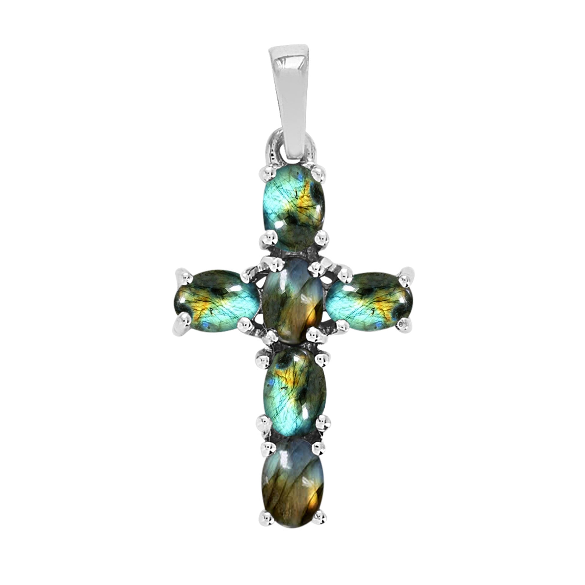 Multi Stone Religious Cross Pendant -Sterling Silver