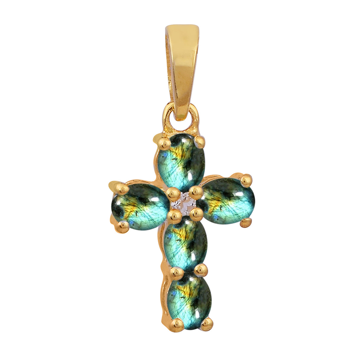 Multi Stone Religious Cross Pendant -Sterling Silver Gold Plated