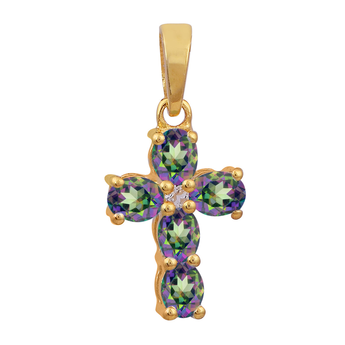 Multi Stone Religious Cross Pendant -Sterling Silver Gold Plated