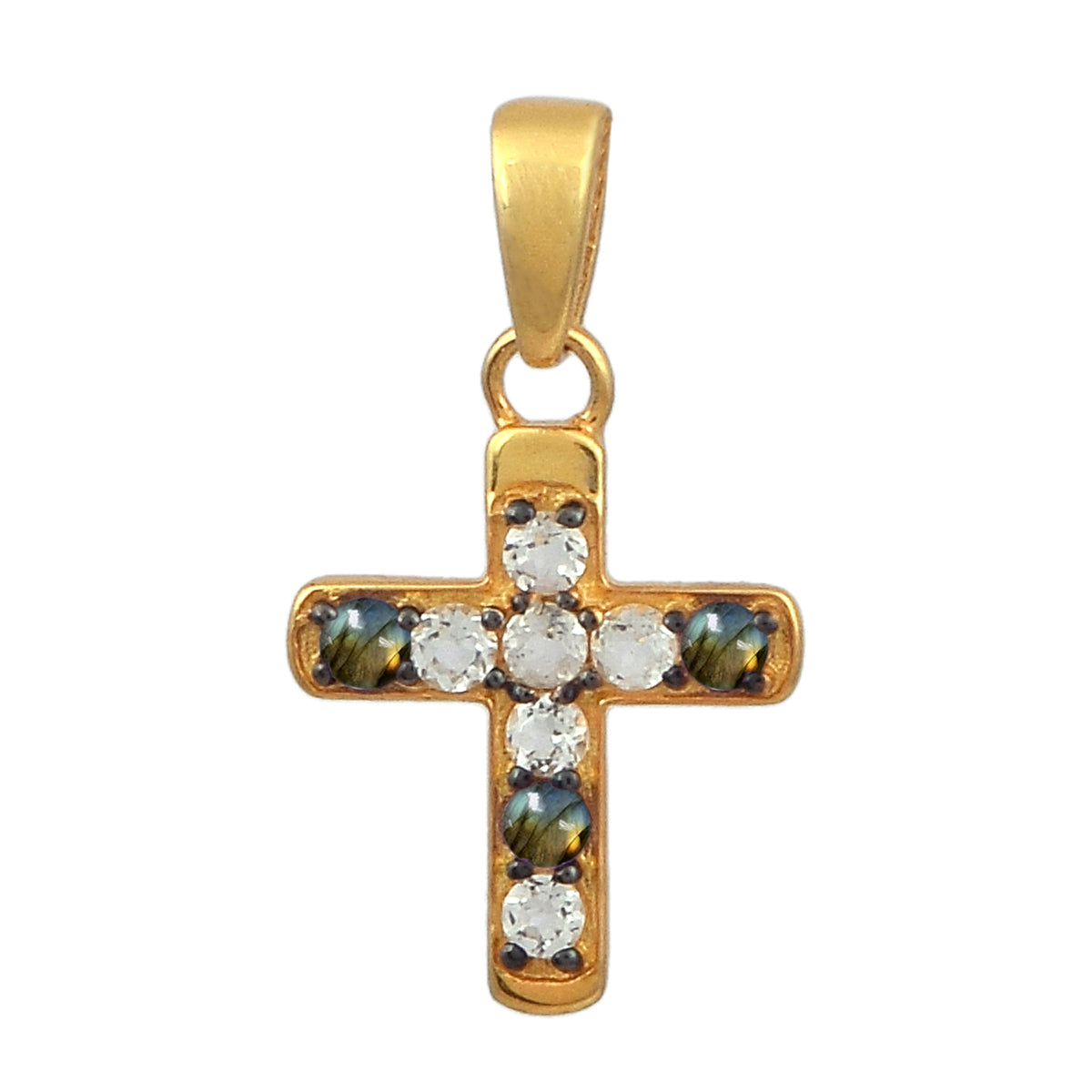Multi Stone Religious Cross Pendant -Sterling Silver Gold Plated