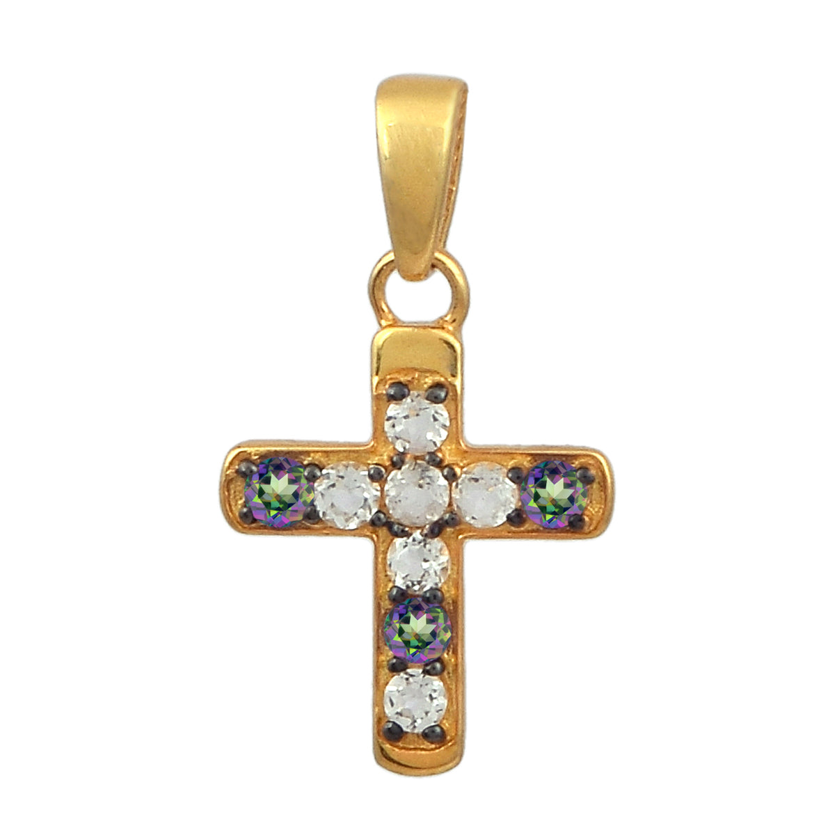 Multi Stone Religious Cross Pendant -Sterling Silver Gold Plated
