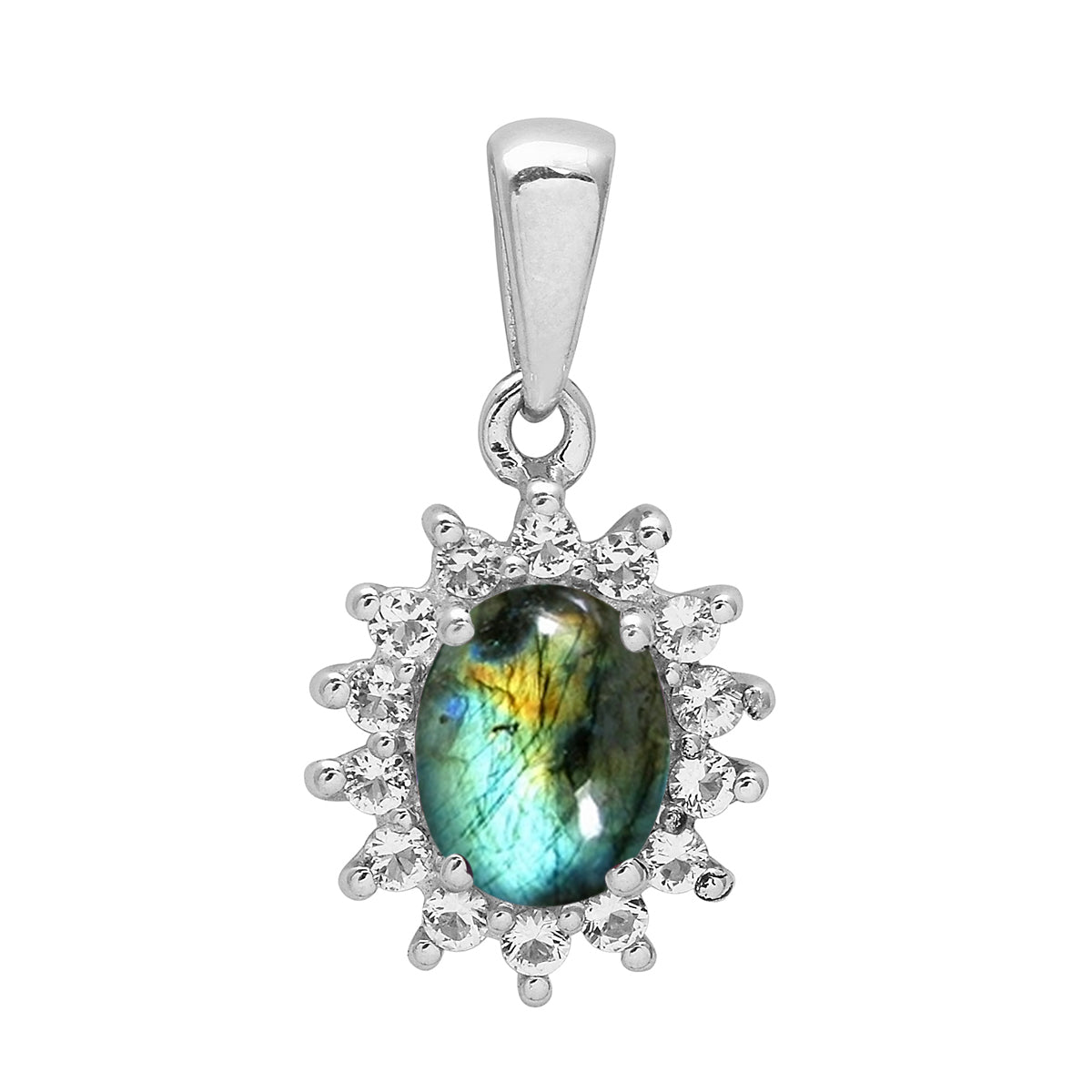 Multi Stone Oval Halo Pendnat - Sterling Silver