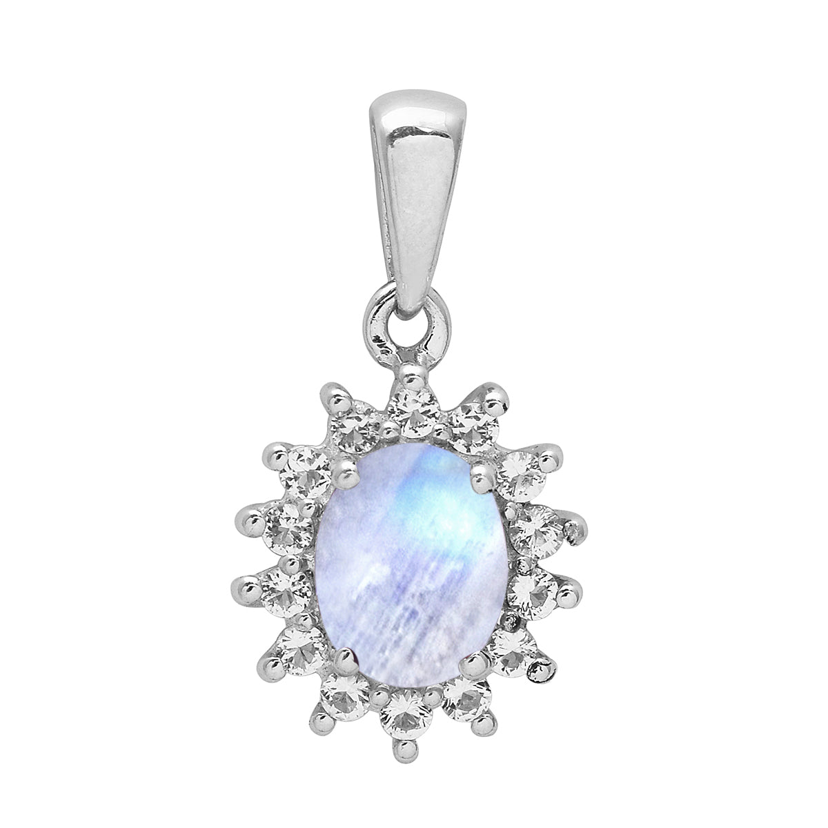 Multi Stone Oval Halo Pendnat - Sterling Silver