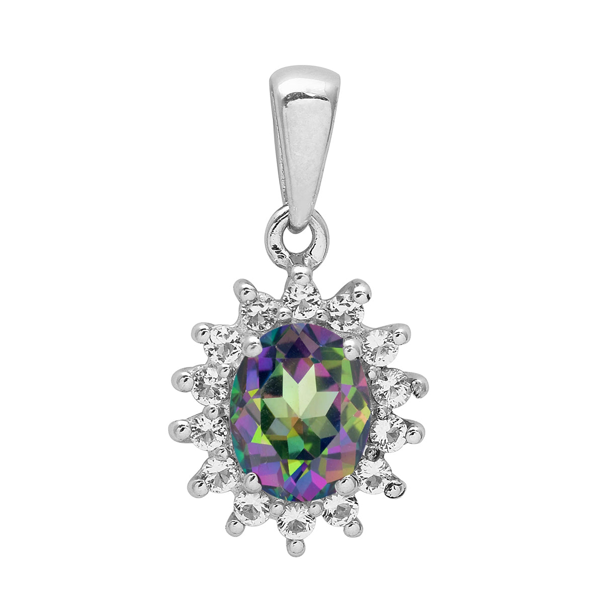 Multi Stone Oval Halo Pendnat - Sterling Silver