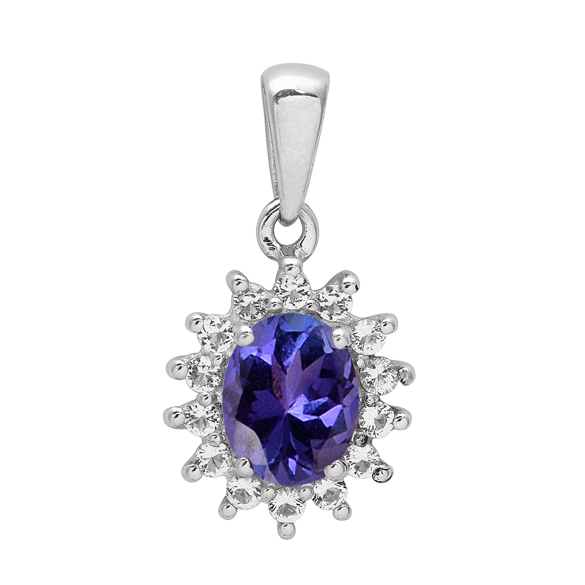Multi Stone Oval Halo Pendnat - Sterling Silver