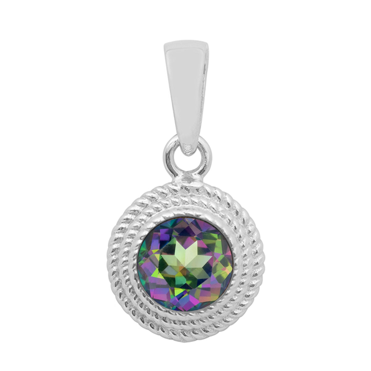 Multi Stone Textured Bezel Round Pendant – Sterling Silver
