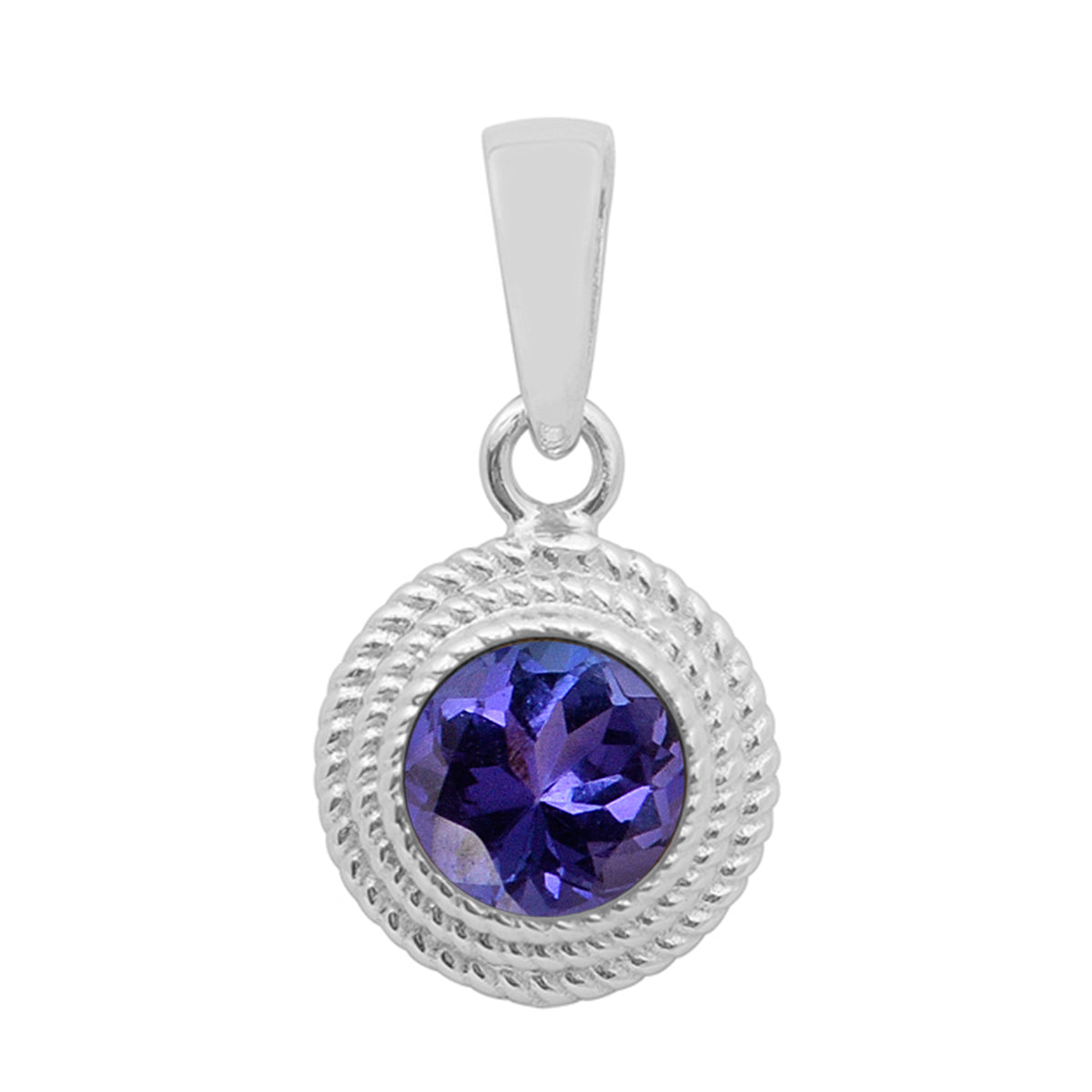 Multi Stone Textured Bezel Round Pendant – Sterling Silver