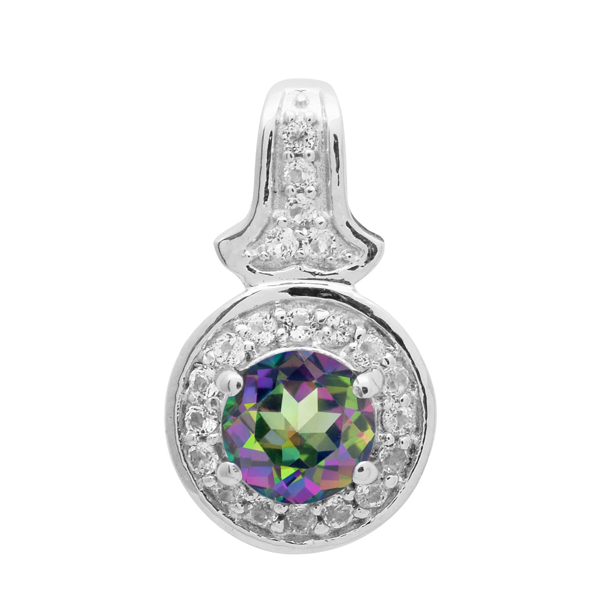 Multi Stone Round Solitaire Halo Pendant - Sterling Silver