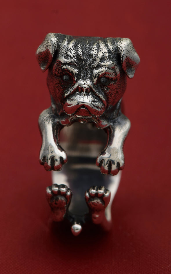 Solid Sterling Silver Pug Dog Adjustable Ring