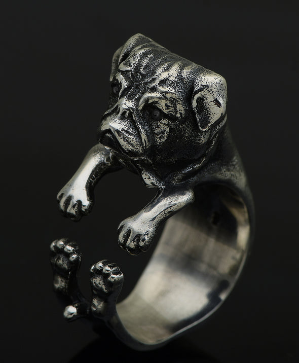 Solid Sterling Silver Pug Dog Adjustable Ring