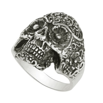 Anello con tatuaggio a forma di teschio con fiore gotico